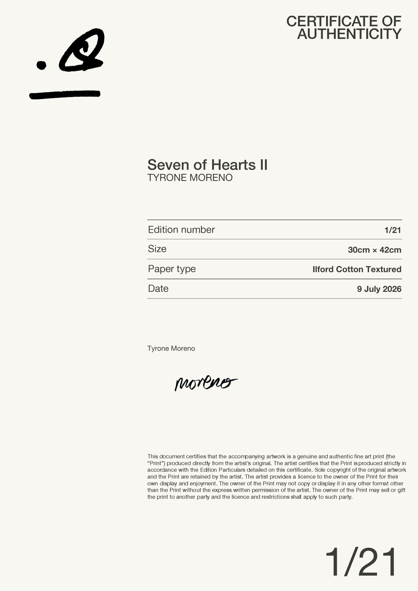 Seven of Hearts II — Certificate of Authenticity