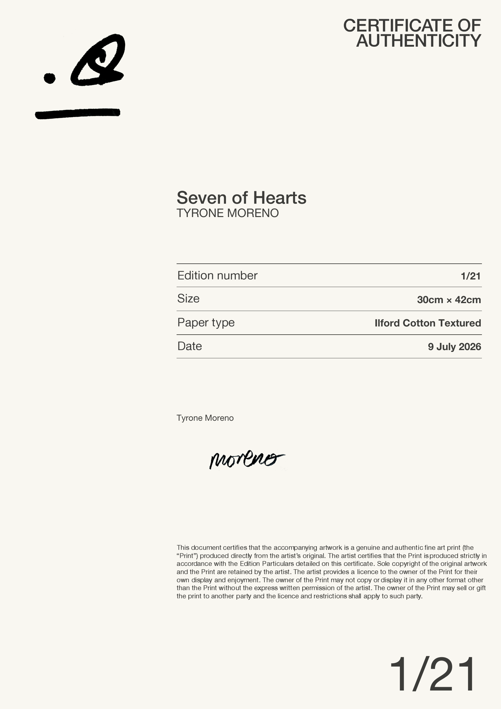 Seven of Hearts — Certificate of Authenticity